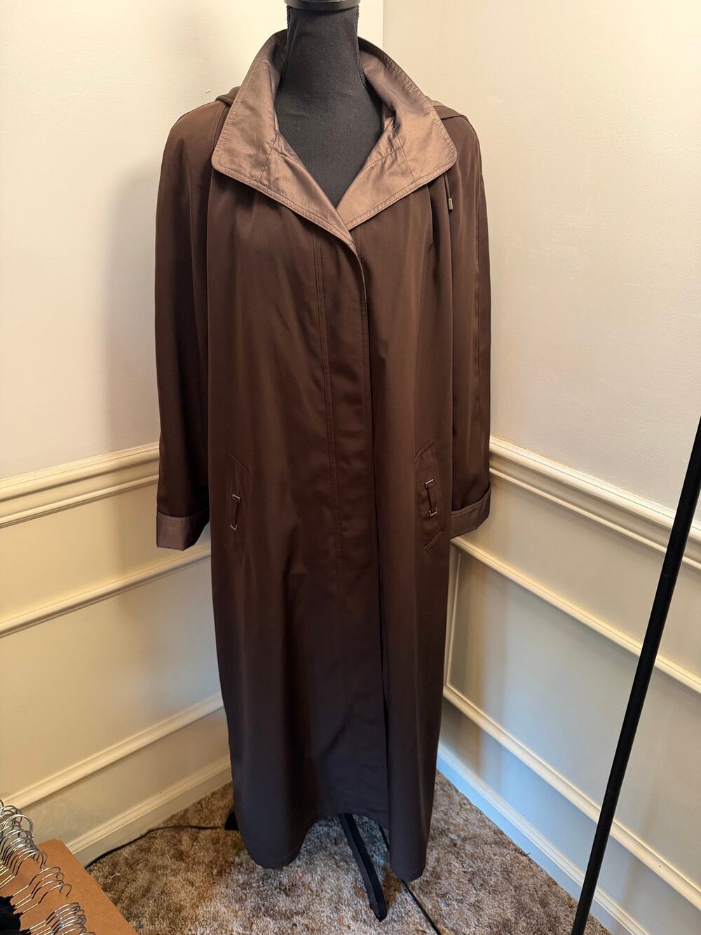 Vintage Gallery Chocolate Brown Full-Length Hooded Trench Coat Raincoat Maxi